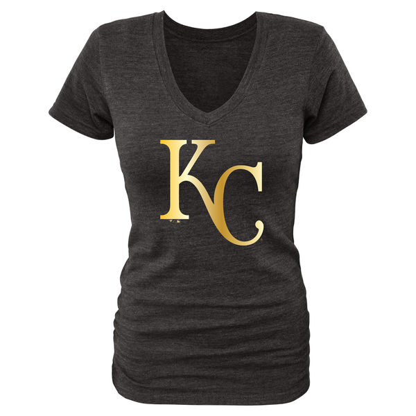 2020 MLB Kansas City Royals Women Gold Collection TriBlend VNeck TShirt  Black-0